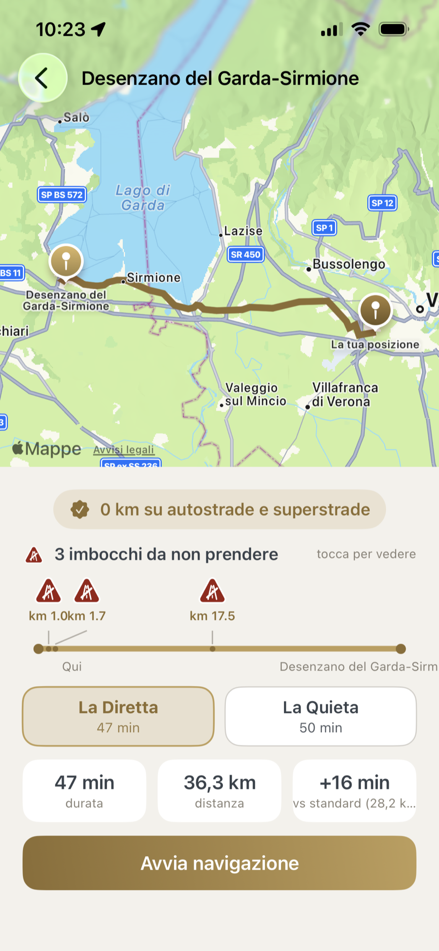 Anteprima del viaggio verso Desenzano: la riga «Tre imbocchi da non prendere» e i tre segni sulla barra del viaggio, ai chilometri 1,0, 1,7 e 17,5.